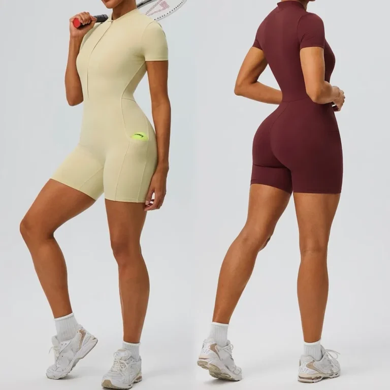 New Trendy Nude Feeling Short Sleeve Yoga Jumpsuit for Women, Half Zipper Front Fitness Sports Romper Shorts Tennis Exercise Unitard with Side Pockets