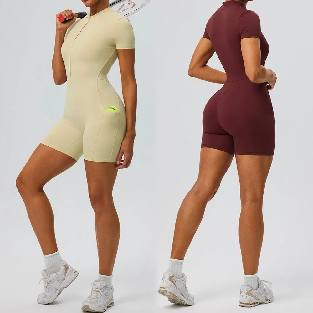 New Trendy Nude Feeling Short Sleeve Yoga Jumpsuit for Women, Half Zipper Front Fitness Sports Romper Shorts Tennis Exercise Unitard with Side Pockets New Trendy Nude Feeling Short Sleeve Yoga Jumpsuit for Women, Half Zipper Front Fitness Sports Romper Shorts Tennis Exercise Unitard with Side Pockets
