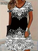 New Women Vintage Dress Ethnic Style Printed Elegant Casual Short Sleeve Dress Fashion Plus Size Women's 2025 6XL Loose Clothing