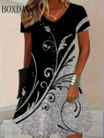 New Women Vintage Dress Ethnic Style Printed Elegant Casual Short Sleeve Dress Fashion Plus Size Women's 2025 6XL Loose Clothing