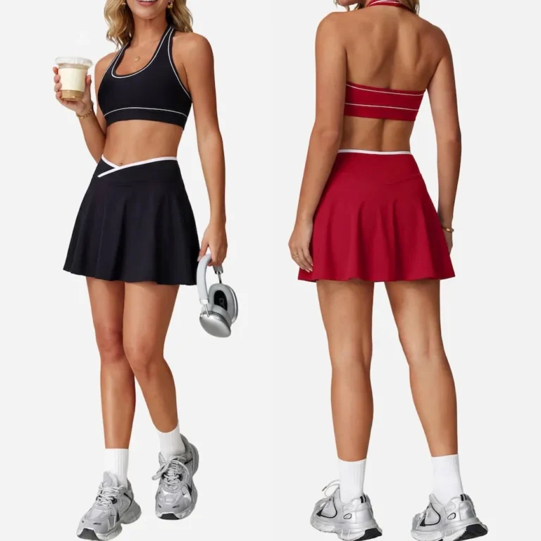 Newest Backless Design Activewear Two Piece Tennis Skirt Sets for Women, Cross-Waisted Mini Skirt with Halter Neck Sports Bra Color-Blocked Athletic Outfits