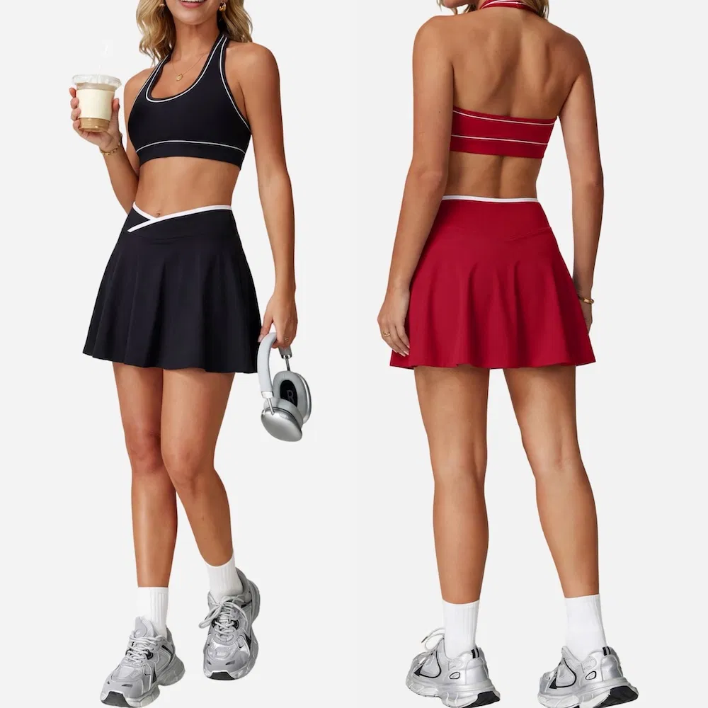 Newest Backless Design Activewear Two Piece Tennis Skirt Sets for Women, Cross-Waisted Mini Skirt with Halter Neck Sports Bra Color-Blocked Athletic Outfits Newest Backless Design Activewear Two Piece Tennis Skirt Sets for Women, Cross-Waisted Mini Skirt with Halter Neck Sports Bra Color-Blocked Athletic Outfits
