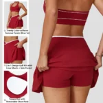 Newest Backless Design Activewear Two Piece Tennis Skirt Sets for Women, Cross-Waisted Mini Skirt with Halter Neck Sports Bra Color-Blocked Athletic Outfits