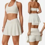 Newest Backless Design Activewear Two Piece Tennis Skirt Sets for Women, Cross-Waisted Mini Skirt with Halter Neck Sports Bra Color-Blocked Athletic Outfits