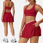 Newest Backless Design Activewear Two Piece Tennis Skirt Sets for Women, Cross-Waisted Mini Skirt with Halter Neck Sports Bra Color-Blocked Athletic Outfits