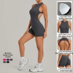 One Piece America and European Style Sleeveless Workout Sets Padded Gym Jump Suits for Women, Backless Shorts Rompers Zipup Bodysuit with Scrunch Booty