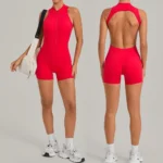 One Piece America and European Style Sleeveless Workout Sets Padded Gym Jump Suits for Women, Backless Shorts Rompers Zipup Bodysuit with Scrunch Booty