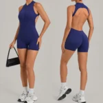 One Piece America and European Style Sleeveless Workout Sets Padded Gym Jump Suits for Women, Backless Shorts Rompers Zipup Bodysuit with Scrunch Booty
