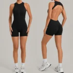 One Piece America and European Style Sleeveless Workout Sets Padded Gym Jump Suits for Women, Backless Shorts Rompers Zipup Bodysuit with Scrunch Booty