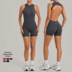 One Piece America and European Style Sleeveless Workout Sets Padded Gym Jump Suits for Women, Backless Shorts Rompers Zipup Bodysuit with Scrunch Booty