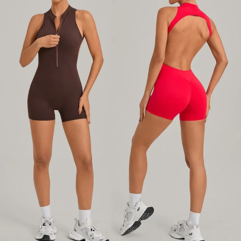 One Piece America and European Style Sleeveless Workout Sets Padded Gym Jump Suits for Women, Backless Shorts Rompers Zipup Bodysuit with Scrunch Booty
