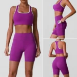 Premium Color-Blocked Yoga Activewear Sets for Ladies, 2PCS Push-up Sports Bra + High Waisted Biker Shorts with Side Pockets Butt Lifting Running Outfits