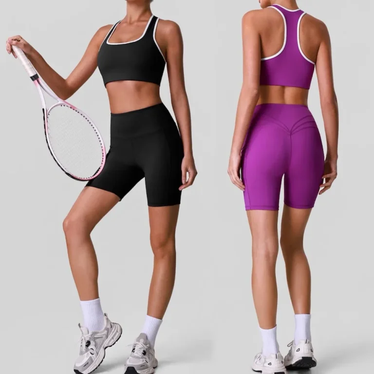 Premium Color-Blocked Yoga Activewear Sets for Ladies, 2PCS Push-up Sports Bra + High Waisted Biker Shorts with Side Pockets Butt Lifting Running Outfits
