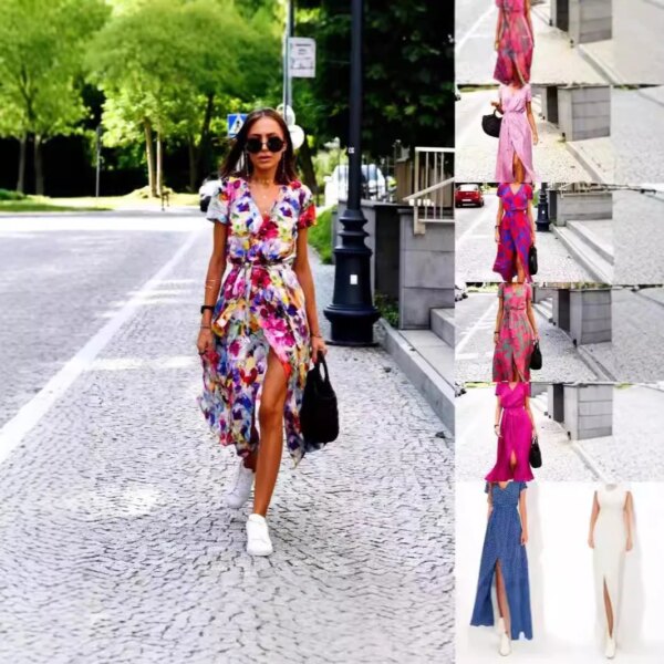 Print Dress Women Casual Long Dresses Split Sexy Lace Up V Neck Short Sleeve A Line Female Vestidos Maxi Gown 2025 Summer