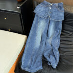 Real shot of Korean style design fake two-piece culottes high-waisted straight loose slim wide-leg denim long pants for women summer trend