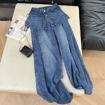 Real shot of Korean style design fake two-piece culottes high-waisted straight loose slim wide-leg denim long pants for women summer trend