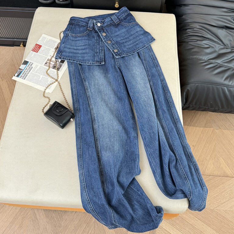 Real shot of Korean style design fake two-piece culottes high-waisted straight loose slim wide-leg denim long pants for women summer trend