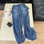 Real shot of Korean style design fake two-piece culottes high-waisted straight loose slim wide-leg denim long pants for women summer trend