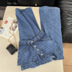 Real shot of Korean style design fake two-piece culottes high-waisted straight loose slim wide-leg denim long pants for women summer trend