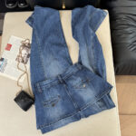 Real shot of Korean style design fake two-piece culottes high-waisted straight loose slim wide-leg denim long pants for women summer trend