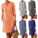 Robe tunique en coton et lin pour femmes, décontractée, solide, manches longues, Vintage, droite, manches longues, surdimensionnée, Mini, longueur aux genoux