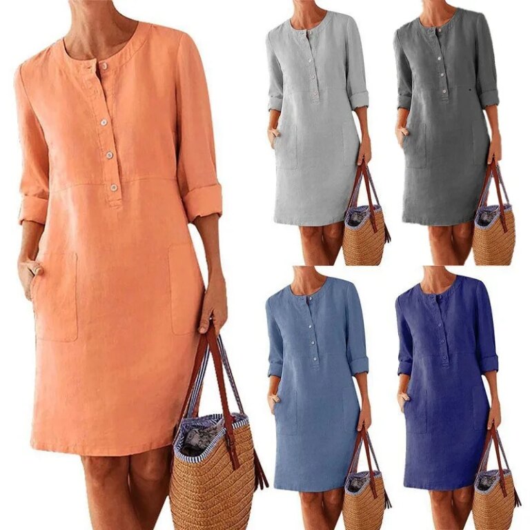 Robe tunique en coton et lin pour femmes, décontractée, solide, manches longues, Vintage, droite, manches longues, surdimensionnée, Mini, longueur aux genoux