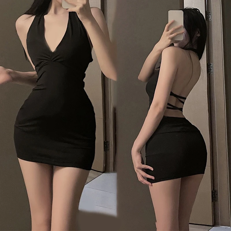 Sexy Women Halter Backless Slim V-neck Wrap Black Party Night Mini Dress Sexy Women Halter Backless Slim V-neck Wrap Black Party Night Mini Dress