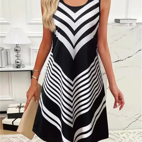 Striped Print Dresses Summer Elegant Women'S Clothing Fashion Loose Sleeveless A-Line Dress 2025 Sundress Casual Plus Size Dress