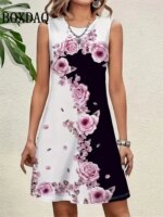 Summer Retro Plant Flowers Print Dress Women Round Neck Sleeveless Vest Dress Casual Vacation Beach Loose Sundress Women's Dress