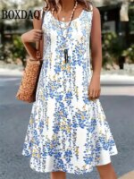 Summer Retro Plant Flowers Print Dress Women Round Neck Sleeveless Vest Dress Casual Vacation Beach Loose Sundress Women's Dress