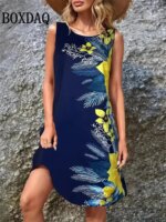 Summer Retro Plant Flowers Print Dress Women Round Neck Sleeveless Vest Dress Casual Vacation Beach Loose Sundress Women's Dress