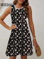 Summer Retro Plant Flowers Print Dress Women Round Neck Sleeveless Vest Dress Casual Vacation Beach Loose Sundress Women's Dress