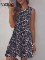 Summer Retro Plant Flowers Print Dress Women Round Neck Sleeveless Vest Dress Casual Vacation Beach Loose Sundress Women's Dress