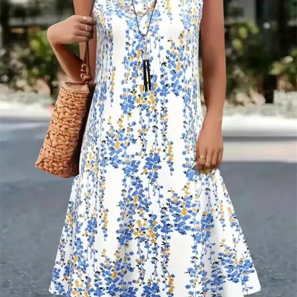 Summer Retro Plant Flowers Print Dress Women Round Neck Sleeveless Vest Dress Casual Vacation Beach Loose Sundress Women's Dress