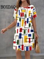 Summer Retro Women's Dresses Short Sleeve Plaid Print Casual Crew-Neck Loose Dress Fashion Streetwear Female Plus Size Clothing
