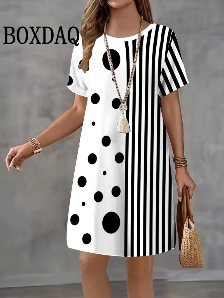 Summer Retro Women's Dresses Short Sleeve Plaid Print Casual Crew-Neck Loose Dress Fashion Streetwear Female Plus Size Clothing