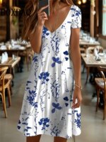 Summer Vintage Flowers 3D Print Women's Dresses For 2025 Short Sleeve Dress Retro Casual V-Neck Pullover Loose Plus Size Clothes