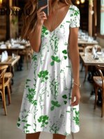 Summer Vintage Flowers 3D Print Women's Dresses For 2025 Short Sleeve Dress Retro Casual V-Neck Pullover Loose Plus Size Clothes