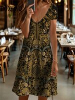 Summer Vintage Flowers 3D Print Women's Dresses For 2025 Short Sleeve Dress Retro Casual V-Neck Pullover Loose Plus Size Clothes