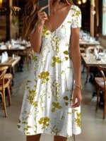Summer Vintage Flowers 3D Print Women's Dresses For 2025 Short Sleeve Dress Retro Casual V-Neck Pullover Loose Plus Size Clothes