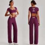 Tianchen New Design 2PCS High End Sexy Gym Fitness Clothes for Women, Quick Dry Lulu Styles Short Sleeve Crop Top with Butt Lifting Straight Leg Yoga Pants