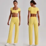 Tianchen New Design 2PCS High End Sexy Gym Fitness Clothes for Women, Quick Dry Lulu Styles Short Sleeve Crop Top with Butt Lifting Straight Leg Yoga Pants