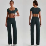 Tianchen New Design 2PCS High End Sexy Gym Fitness Clothes for Women, Quick Dry Lulu Styles Short Sleeve Crop Top with Butt Lifting Straight Leg Yoga Pants
