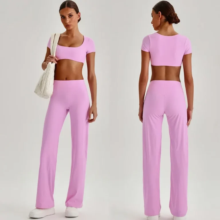 Tianchen New Design 2PCS High End Sexy Gym Fitness Clothes for Women, Quick Dry Lulu Styles Short Sleeve Crop Top with Butt Lifting Straight Leg Yoga Pants