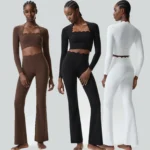 Tianchen New Listing Sleek Fashion 2 Piece Athletic Sets for Women, Padded Long Sleeve Crop Tops with Matching Flare Leggings Waved Rim Pilates Outfits