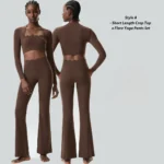 Tianchen New Listing Sleek Fashion 2 Piece Athletic Sets for Women, Padded Long Sleeve Crop Tops with Matching Flare Leggings Waved Rim Pilates Outfits