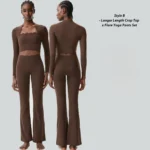 Tianchen New Listing Sleek Fashion 2 Piece Athletic Sets for Women, Padded Long Sleeve Crop Tops with Matching Flare Leggings Waved Rim Pilates Outfits