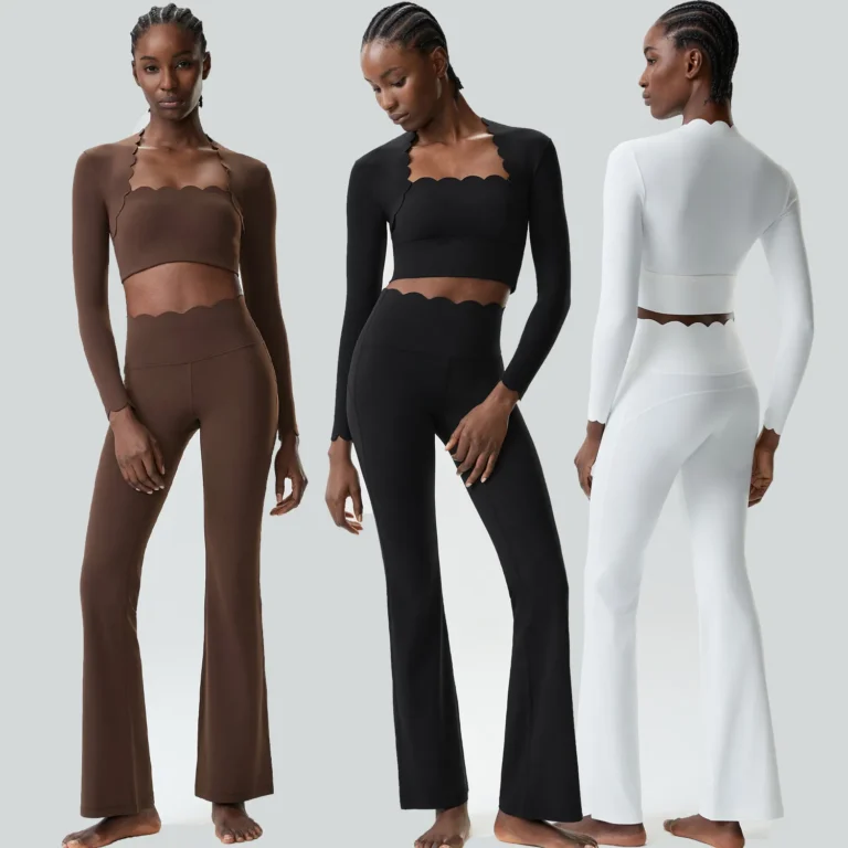 Tianchen New Listing Sleek Fashion 2 Piece Athletic Sets for Women, Padded Long Sleeve Crop Tops with Matching Flare Leggings Waved Rim Pilates Outfits