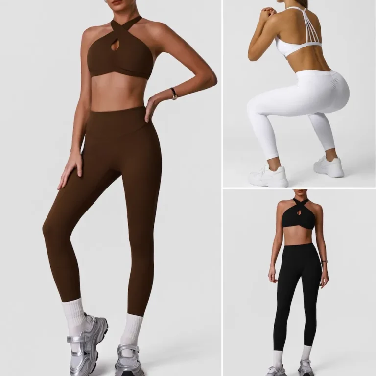 Tianchen Wholesale Newest Fashion 2PCS Sexy Yoga Workout Set for Woman, Strappy Back and Cross Over Front Sports Bra with V Back Gym Leggings Scrunch Gym Wear