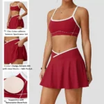 Top Selling 2 Piece Color-Blocked Tennis Skirt Sets for Women, Sexy Sports Bra + Cross Waisted Mini Golf Skorts with Liner Shorts and Pocket Pickleball Outfits